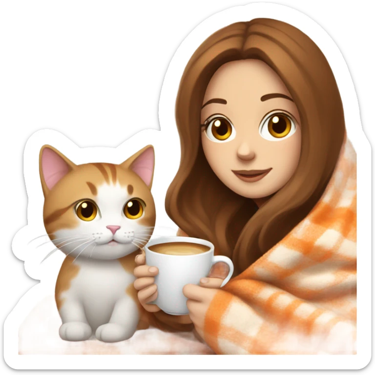 White girl brown hair sipping coffee with orange and white cat in blanket  sticker