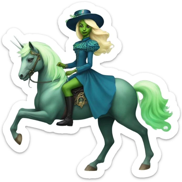 "galora green blonde alien woman" in blue Victorian dress elegant, full body, on unicorn sticker