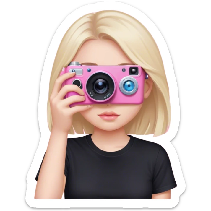 Blue eyed girl taking pics on a pink camera wearing black t shirt and the camera is covering her eye sticker