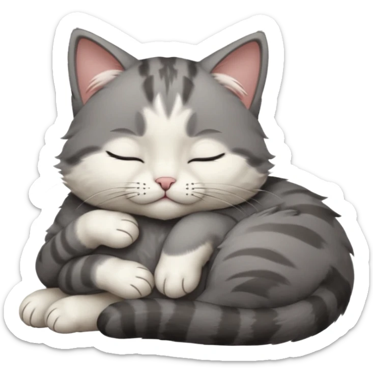 dark grey and white small cat with closed eyes, leaning his head on his paw while leaning on his elbow lying down sticker