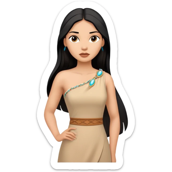 Pocahontas from hips up, tan dress with one shoulder, long black hair, minimal style but clearly recognizable sticker