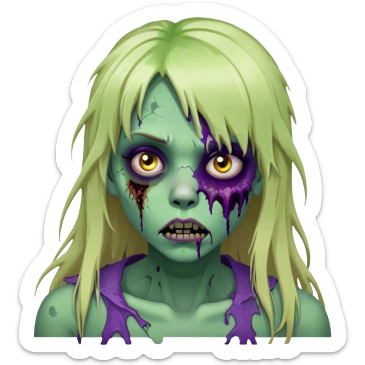 undead zombie girl with rotting green skin, purple bruises, messy long blonde hair with bangs, cracked lips sticker