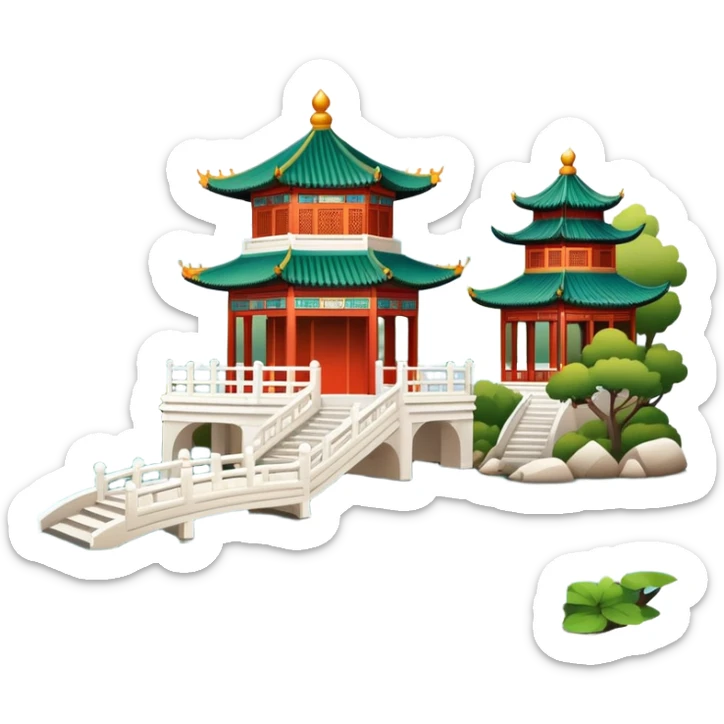 Summer Palace, Chinese garden with pavilion and lake, simple emoji design sticker