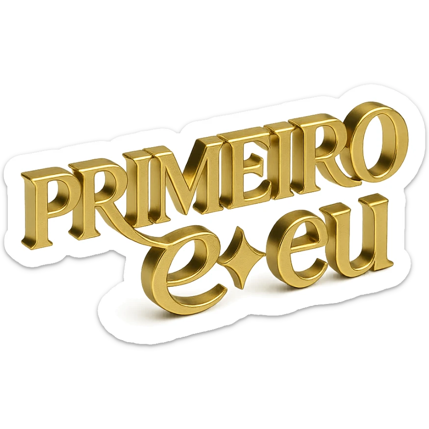 Golden metallic text that reads 'PRIMEIRO ✦ eu' in a serif font, with the words 'PRIMEIRO' and 'eu' separated by a diamond-shaped sparkle or glowing star symbol. The 'R' in 'PRIMEIRO' should have a long elegant tail that curves underneath the 'O'. d. Keep the font and layout exactly as shown in the original reference. sticker