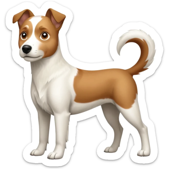a full body large white parson russell looking dog the size of a kelpie with light brown flapped down ears and a light brown patch on one eye and a large snout sticker