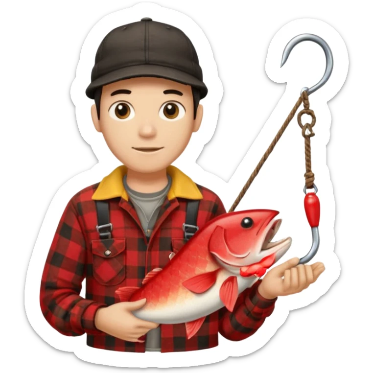 vit Ung man med svart keps röd gul rutig flanellskjorta hållandes en brun båtshake med hängande jättestor torsk sticker