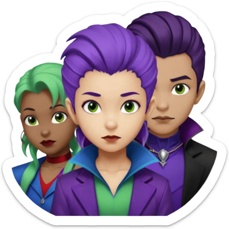Solo poly platonic relationship, one African girl, one Asian boy, one biracial features Asian tomboy girl rat-tail hair long and upper masculine hair 90s, vampire and marvel cosplay elements inspired  use marvel colours, like instead of obvious human, green purple blue etc,  sticker