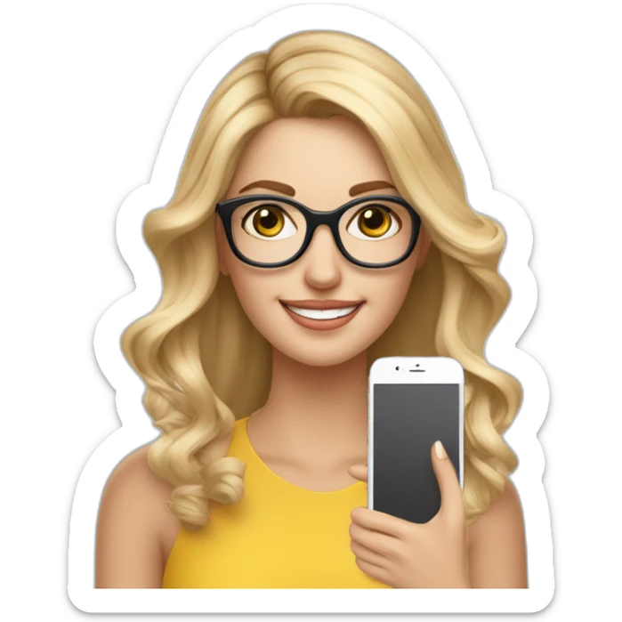 Blonde Frau Schulterlange Balayage mit Strähnchen mit Brille und smartphone in der Hand sticker