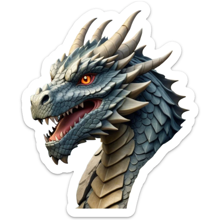 Cinematic Noble Giant Rock Dragon Portrait Emoji, Poised and awe-inspiring, with a massive, rugged form carved from ancient stone, featuring intricately textured scales that resemble weathered granite and basalt, and piercing, stony eyes echoing the strength of timeless mountains; rendered with lifelike detail and earthy natural highlights, high shine, formidable and grounded, styled with an aura of primordial majesty, focused and resolute, soft glowing outline, capturing the essence of an enduring rock titan ready to surge from the screen with ageless power! sticker