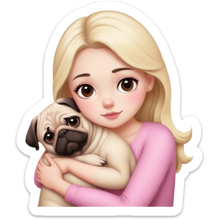 Blonde girl with brown eyes, white skin, pink blush, hugging a pug sticker