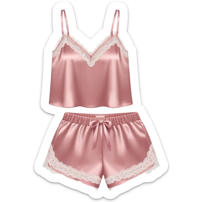 Dusty pink satin pajama shorts and camisole set with lace trim  sticker