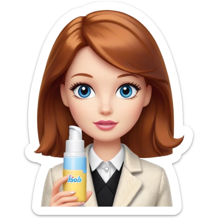 A Barbie girl with blue eyes, shoulder-length reddish-brown hair, made-up, in a white tweed jacket and black skirt, holding a tube of pale yellow face cream sticker