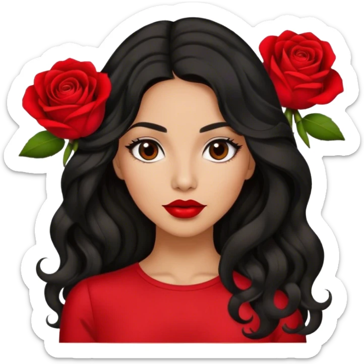 Red lips Olive brown eyed women with black long wavy hair rose background red top sticker