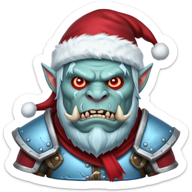 
Fantasy Christmas orc legion soldier icon, iron tundra army theme, heavy winter armor, disciplined brutal look, icy blue steel armor with deep crimson accents, frozen metal texture, cold winter atmosphere, male variant sticker