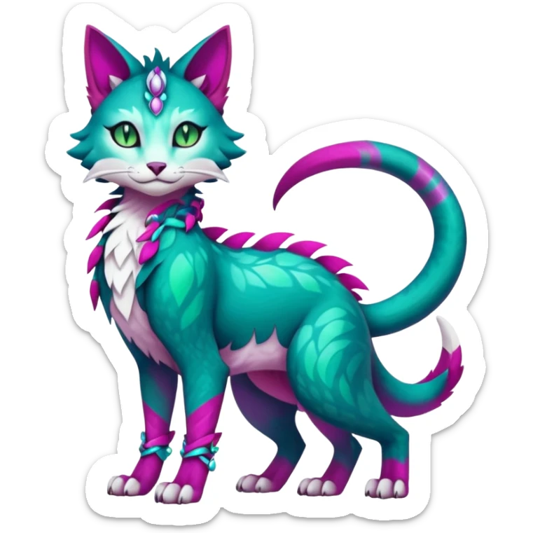 Kawaii colorful iridescent dark-turquoise-green and magenta and white beautiful pretty elegant divine edgy feline-vernid-sergal-Fakémon-Pokémon-fursona-animal-creature with accessories, full body, with intricate detailed markings sticker