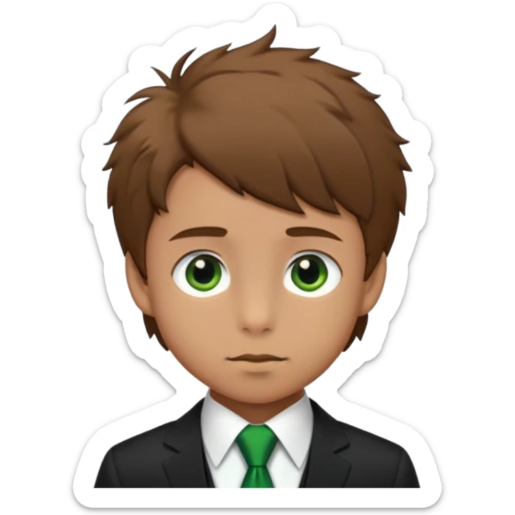 Boy in black suit green tie with brown short fluffy hair and long nose sticker