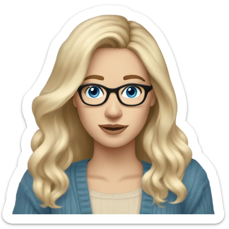 Blonde balayage long hair white women beige sweater blue eyes and small glasses holding phone  sticker