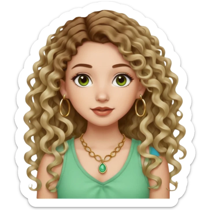 cute girl with not volominous VERY LONG curly/wavy balayage hair brown eyes full lips cute makeup cute necklace and hoop earrings white girl with light green top sticker