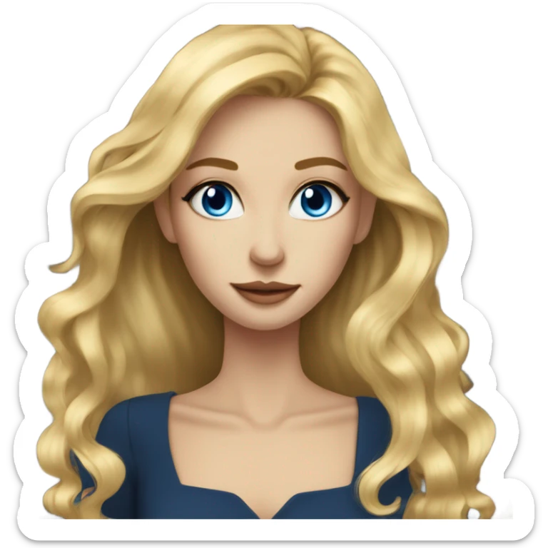 Beautiful skinny woman long blonde hair in dark dress with blue eyes gold earrings with book  sticker