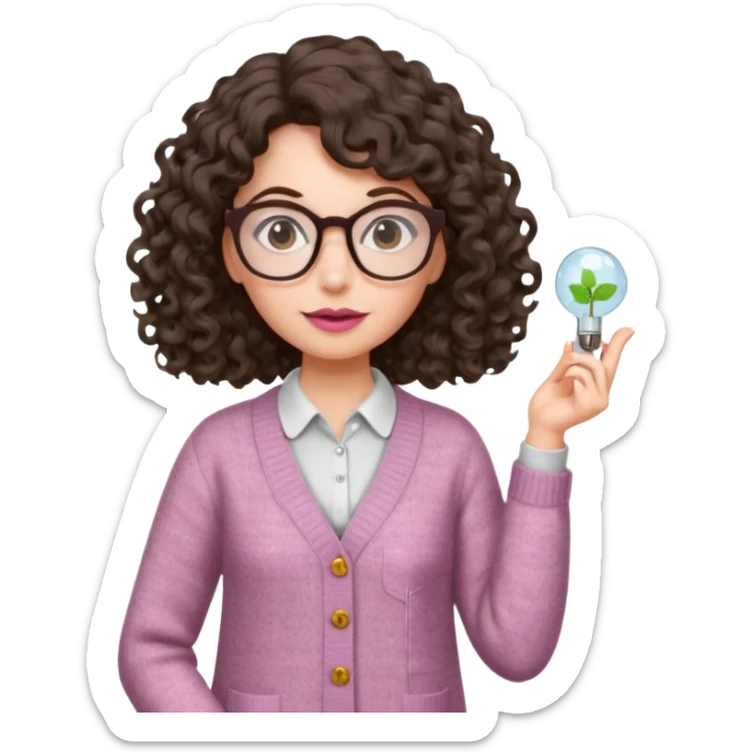 A crazy female scientist, with curly-wavy dark brown hair, brown eyes and light grey glasses and pale skin and pinkish lips, dressed to look like an english teacher sticker