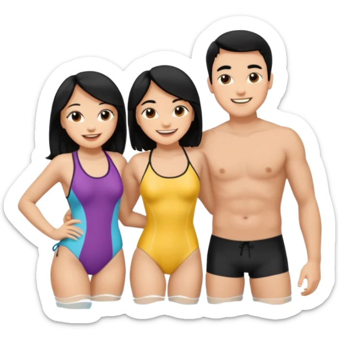 ligh skin black hair man and ligh skin black hair woman swin suit full body having fun sticker