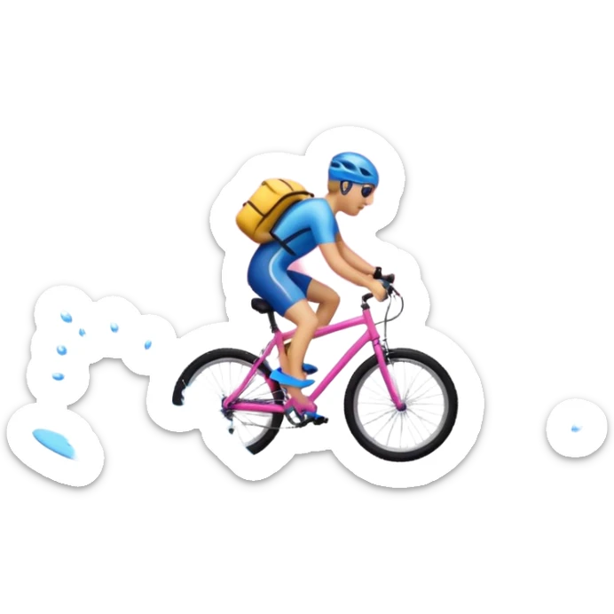 Emoji that first swims in ocean carrying a bicycle, afterwards rides the bicycle up a mountain and afterwards skis in pink clouds sticker