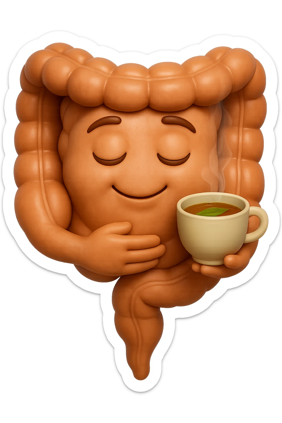 emoji stile iphone 3d di intestino umano sereno che si tocca la pancia mentre sorseggia un thè alle erbe, iperrealistico 4k sticker