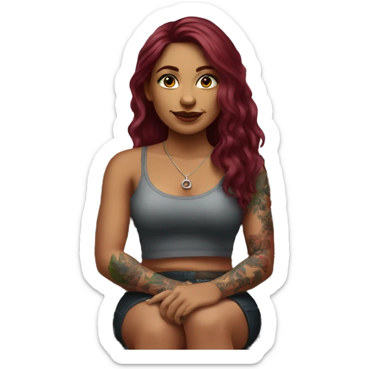 Beautiful tattooed burgundy long haired woman sitting on a bench sticker