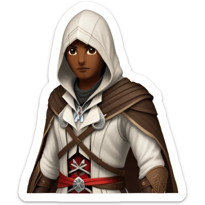 icon featuring Assasin's Creed in an iconic assassin's hood, standing tall against the backdrop of Florence. The design captures the essence of adventure, with intricate details of historical architecture and a sense of mystery. The character is poised, ready for action. transparent background. sticker