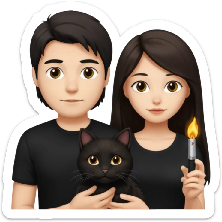 The man is wearing a black shirt and the women is wearing a black top and has longer hair. The cats fur  is lighter  sticker