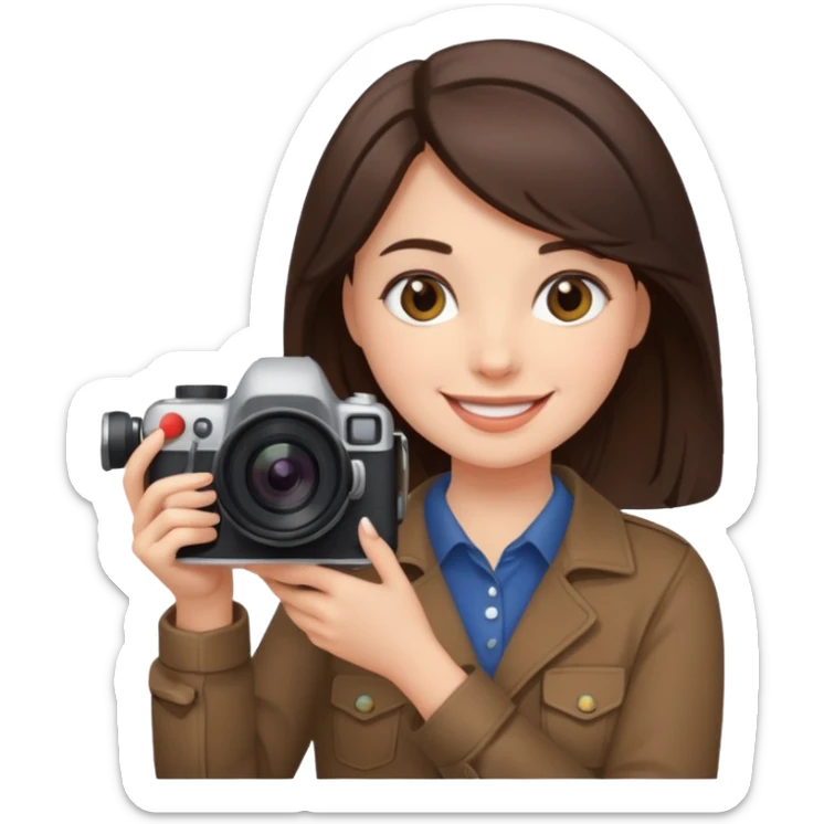 A brunette girl smiling, she’s a proud and successful filmmaker 🍿🌍✨ Holding a camera or behind / next to a camera, / holding awards  sticker