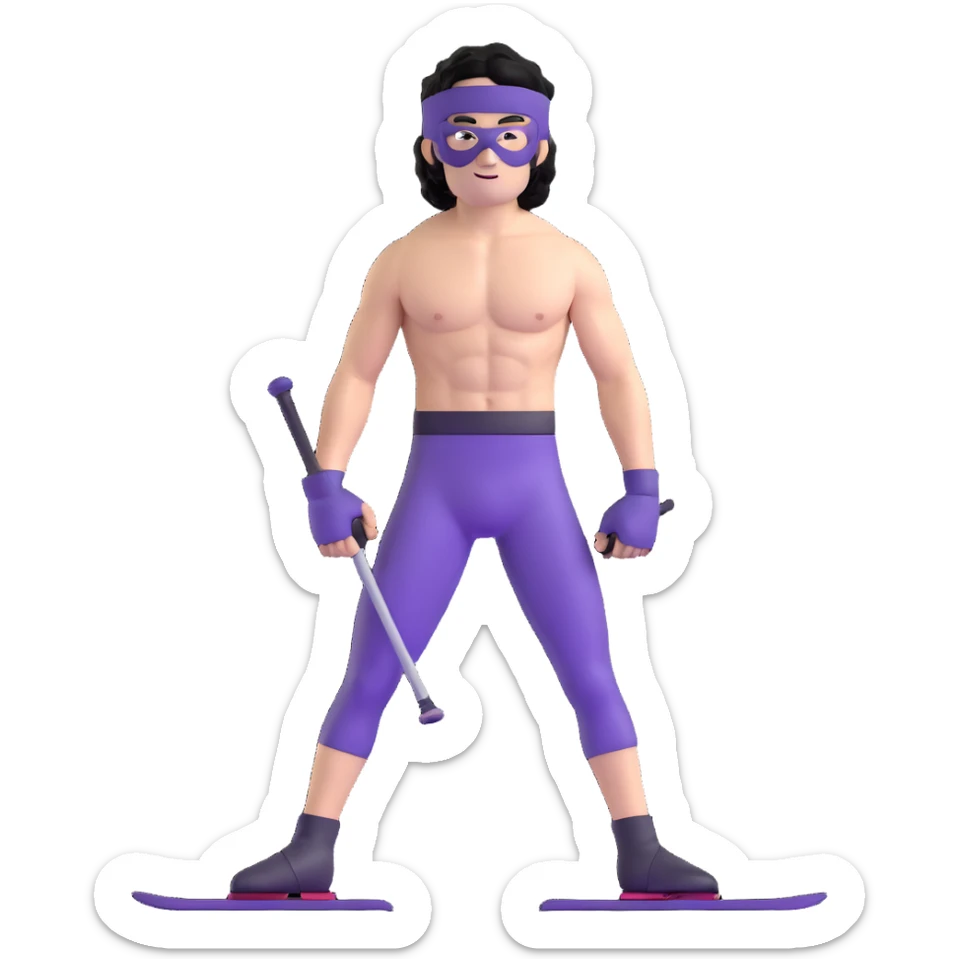 shirtless athletic man with white skin and black curly hair, wearing a purple ski mask sticker