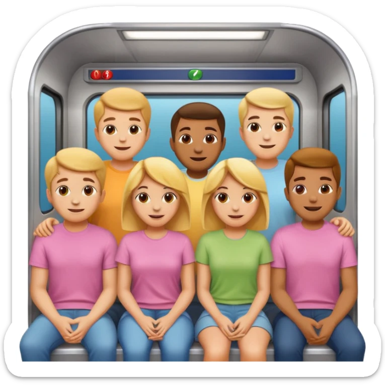 group of five cheerful people, men and women, standing and sitting close together in a subway car that looks like Apple emoji subway, dressed in different pastel t-shirts, Apple emoji style sticker