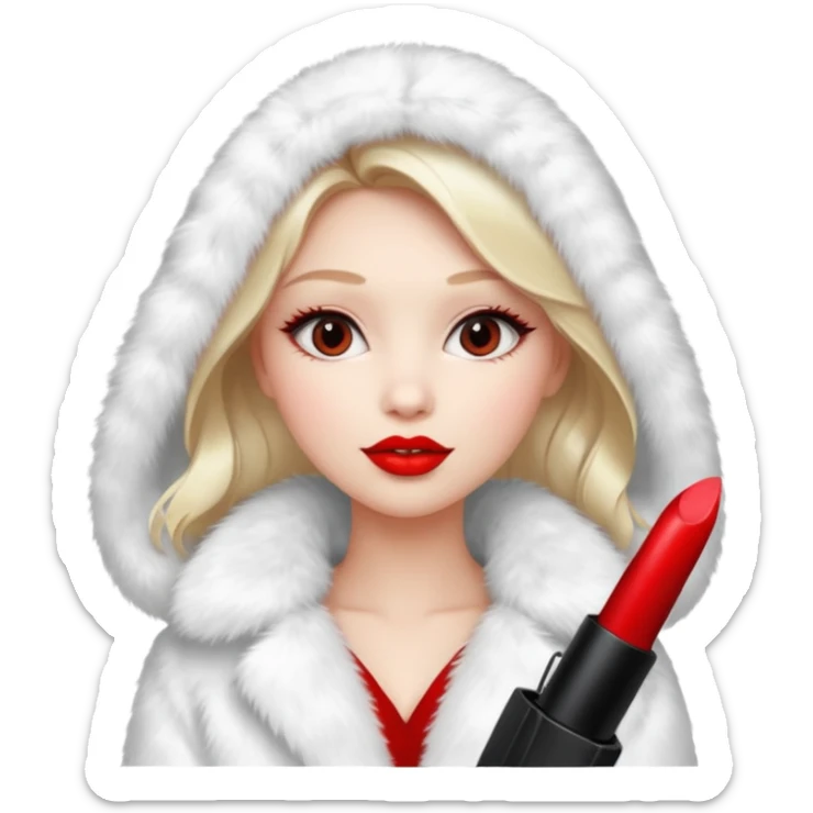 A beautiful, cute girl with red lipstick is posing for a photo in a white fur coat sticker