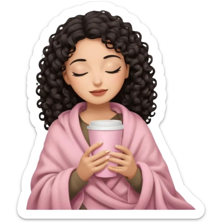 hispanic woman, black long 3b curls, closed eyes, feminine face, holding soft pink coffee cup with beige blanket over shoulders sticker