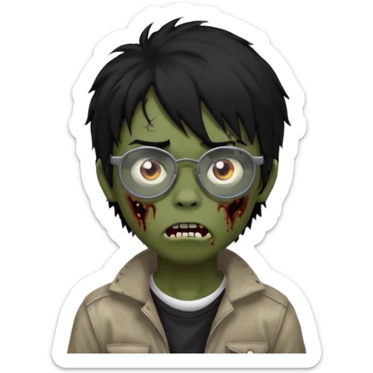 Boy, zombie, black hair, little long, emo, shaggy, dark, spooky, creepy expression, with black glasses sticker