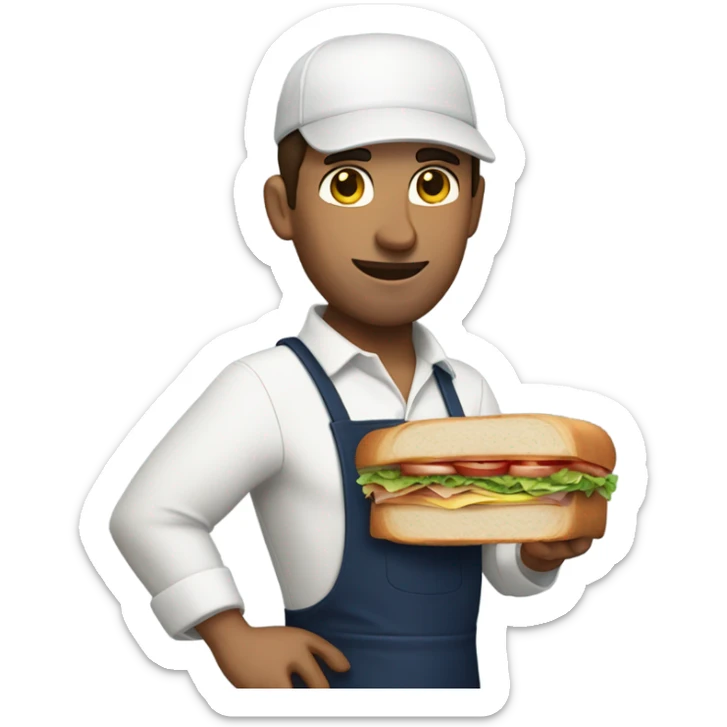 Male man with brown hair worker with white shirt and navy apron with khakis and hat holding a sandwhich sticker