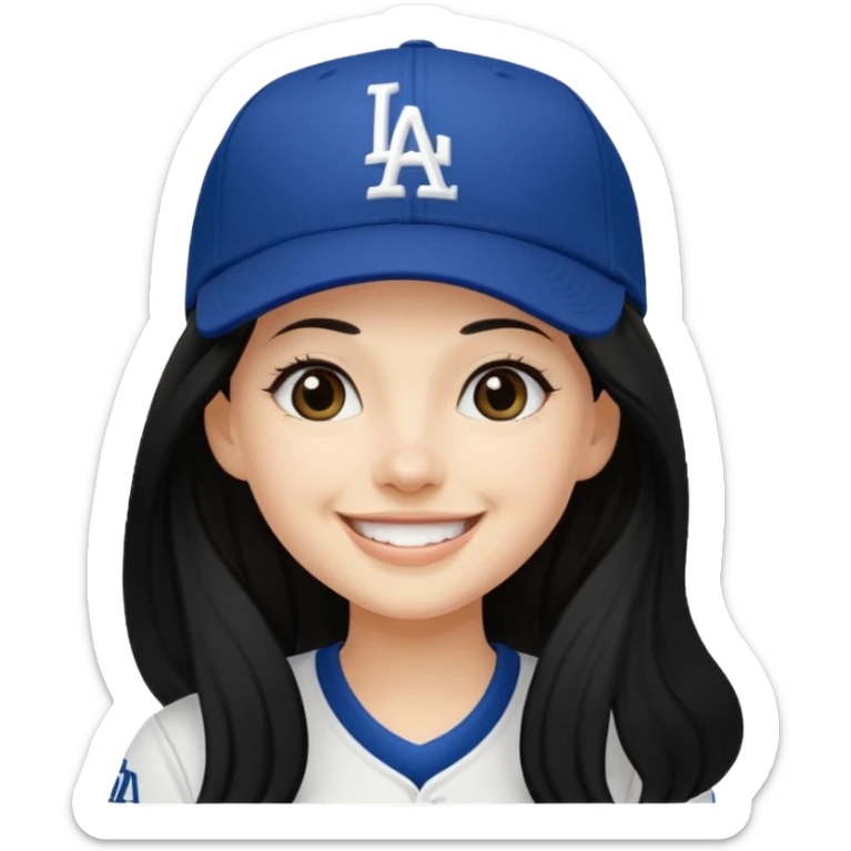 Can you make an emoji of a girl with fair skin with black long hair wearing an LA dodger hat. Only include her face no neck.  sticker