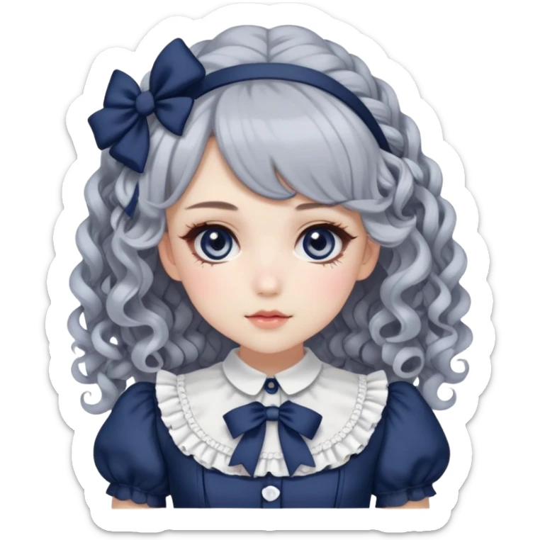 Pale girl with soft curly silver/grey-navy hair, grey eyes, doll-like makeup, wearing a navy lolita hime gyaru dress emoji. sticker