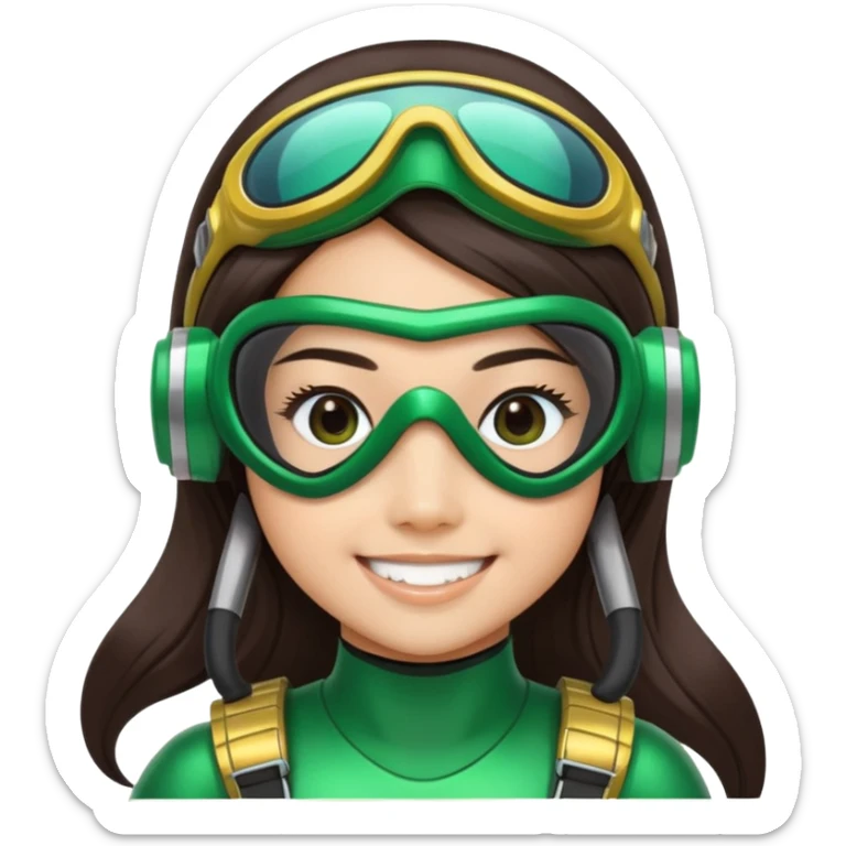 green Power Ranger, Asian girl with long straight dark brown hair, side part, big smile, scuba goggles sticker