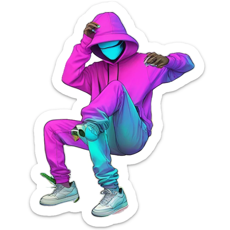 Multicoloured neon person smoking wearing hoodie dancing hip hop bucket hat tropical Skater fashion aesthetic baggy clothes graphic t shirt 420 sticker