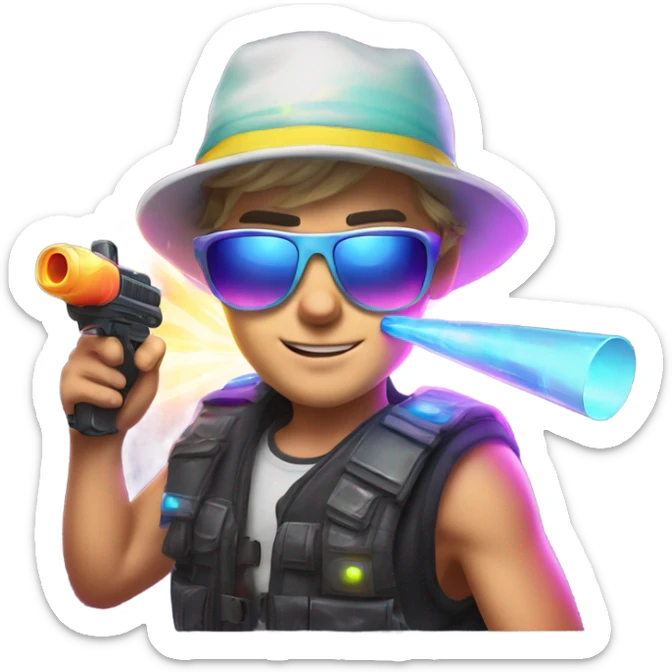 Caucasian boy in glowing rave gear with sunglasses and mask and hat and headlamp and shooting a bubble gun sticker