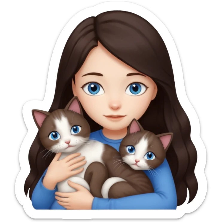 a girl with long dark 
brown hair, with blue eyes, hugs 3 different natural coloured cats sticker