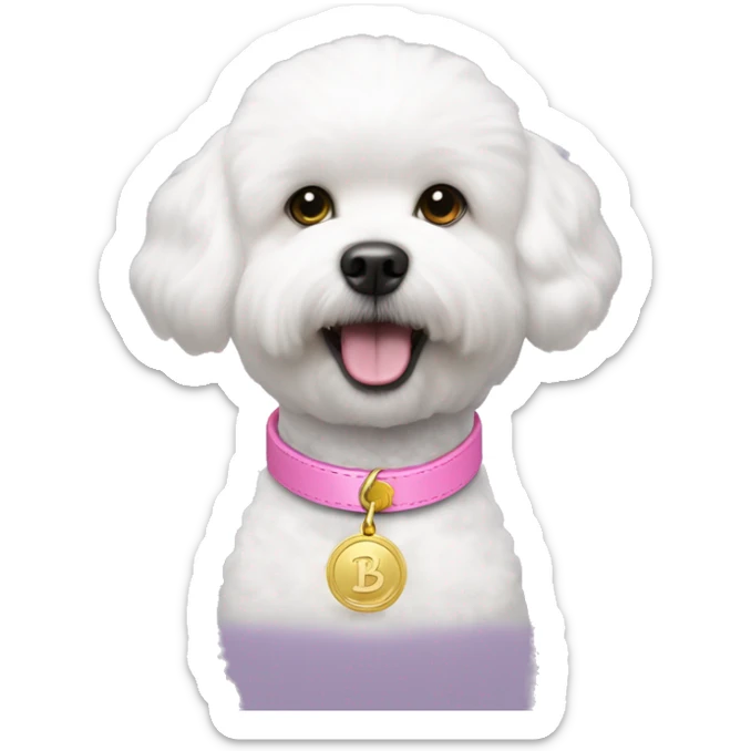 bichon dog wearing a pink collar with a gold coin shaped tag hanging from the collar sticker