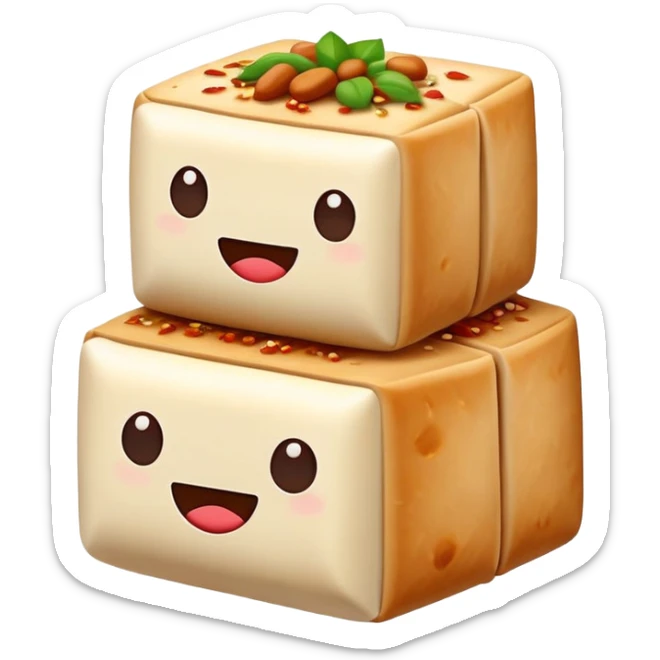 Hakka Stuffed Tofu with five spiced meat filling, simplified emoji style with bold outlines and bright colors, cartoon style unique triangular stuffed bean curd sticker