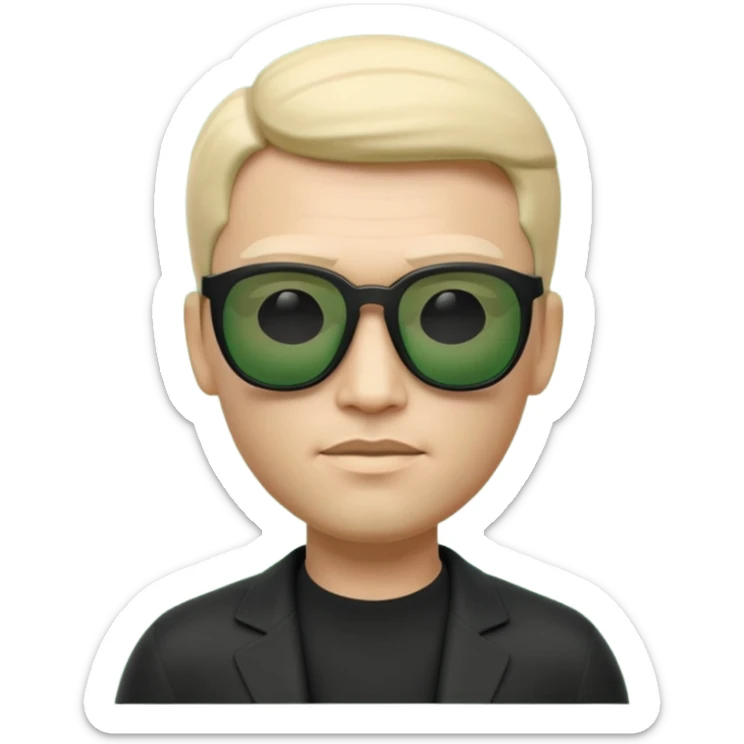 3D memoji-style emoji like Apple Memoji, male character wearing black sunglasses, smooth rounded face, minimalist design, inspired by The Matrix movie, subtle green matrix glow, dark background, cinematic lighting, high quality. sticker