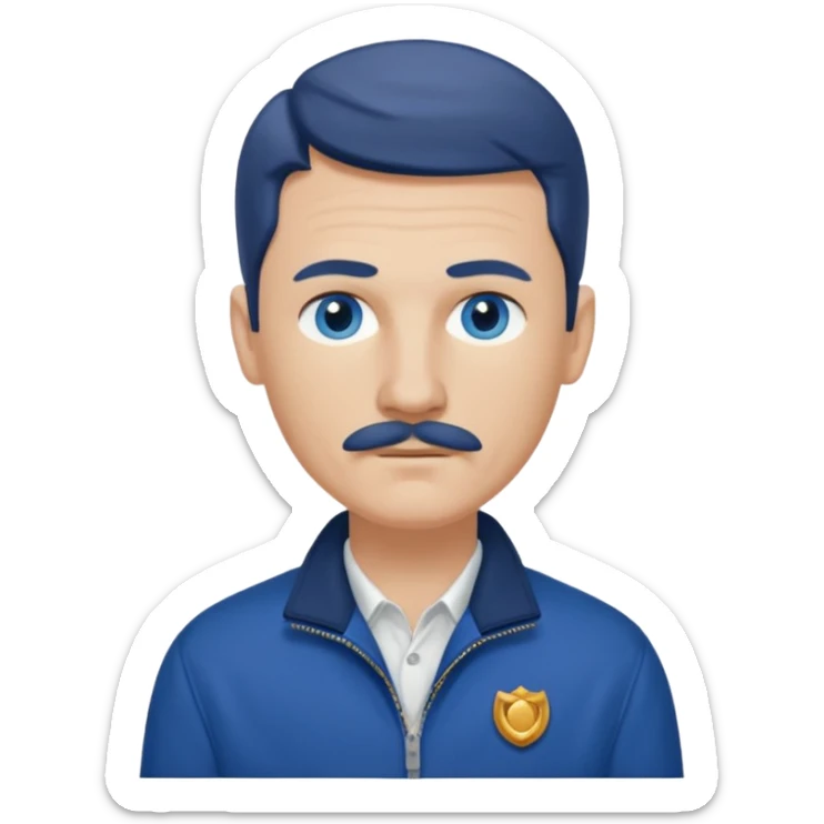 Coach Heider from Mysterious Skin with blue eyes, dark blonde hair and thin mustache, dark blue shirt, white jacket sticker