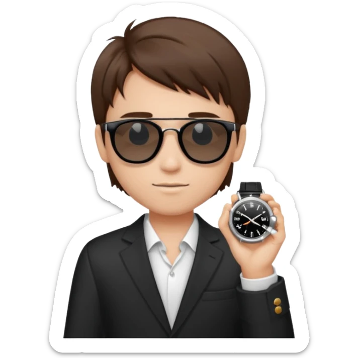 Un niño con pelo lacio color castaño,con lentes de sol negros y un reloj en la mano sticker