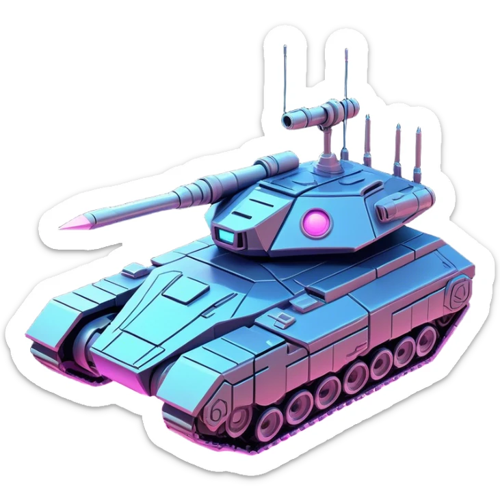 Clash of Clans aesthetic: Cinematic Playful Space Tank Emoji, rendered in a 3D vector-style similar to standard emojis with minimal shading and bold, simplified shapes. A robust, isometric armored vehicle with sleek futuristic plating and energy cannons, softly glowing with a high-tech cosmic combat charm. Simplified yet unmistakably iconic, highly detailed and consistent, glowing with a soft radiant shine and high gloss. Stylized with a touch of intergalactic warfare and a soft glowing outline, capturing the essence of a futuristic battle machine with a friendly, playful spirit! sticker
