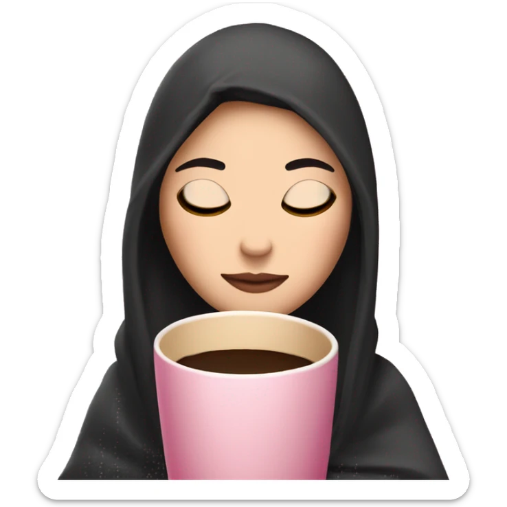 white girl with black straight hair inside a pink blanket sipping coffee eyes closed sticker